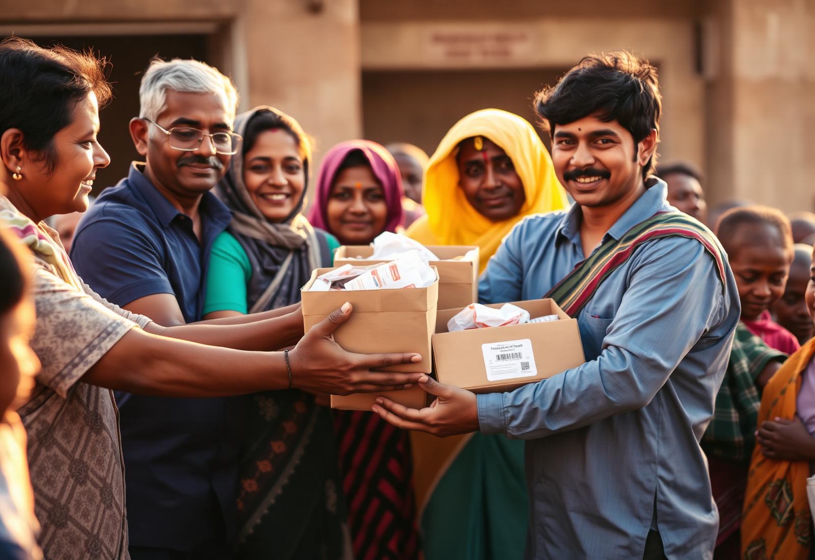 Volunteers distributing food rations to families